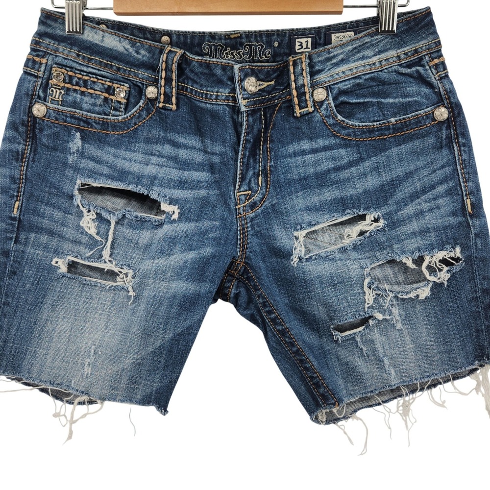 Miss Me Distressed Cut Off Denim Shorts Womens 31 Rhinestone Paisley Festival